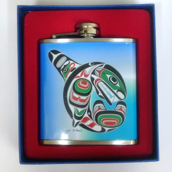 Killerwhale Indigenous design by Joe Wilson Hip Flask 6oz Stainless Steel - Picture 1 of 6